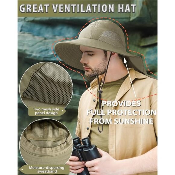 Neck Flap Sun Hat with Wide Brim - UPF 50+ Hiking Safari Fishing Caps for Men - Picture 4 of 7